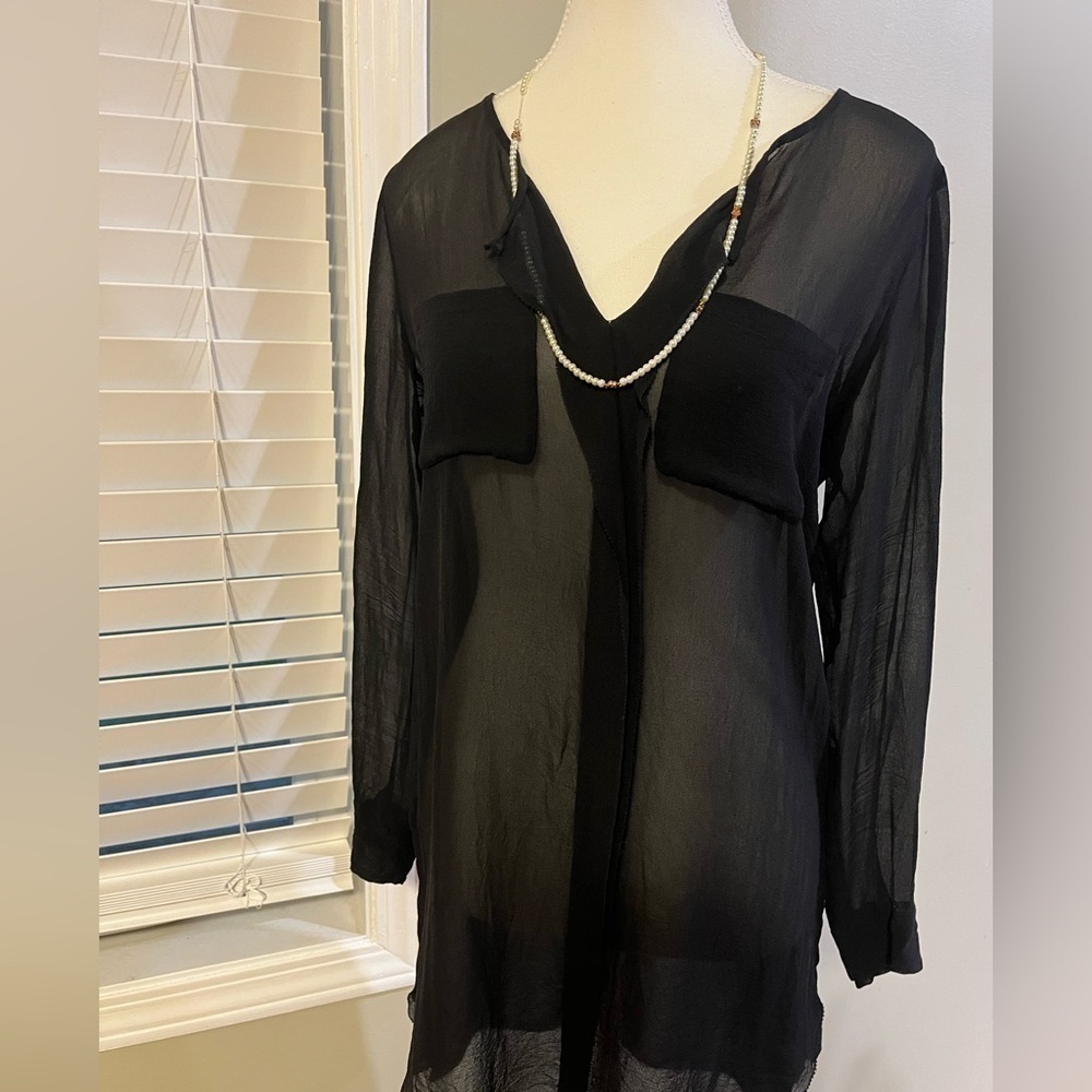 [M]Wilfred 100% Silk Womens Black Long Sleeve Blouse Pockets Sheer High Low